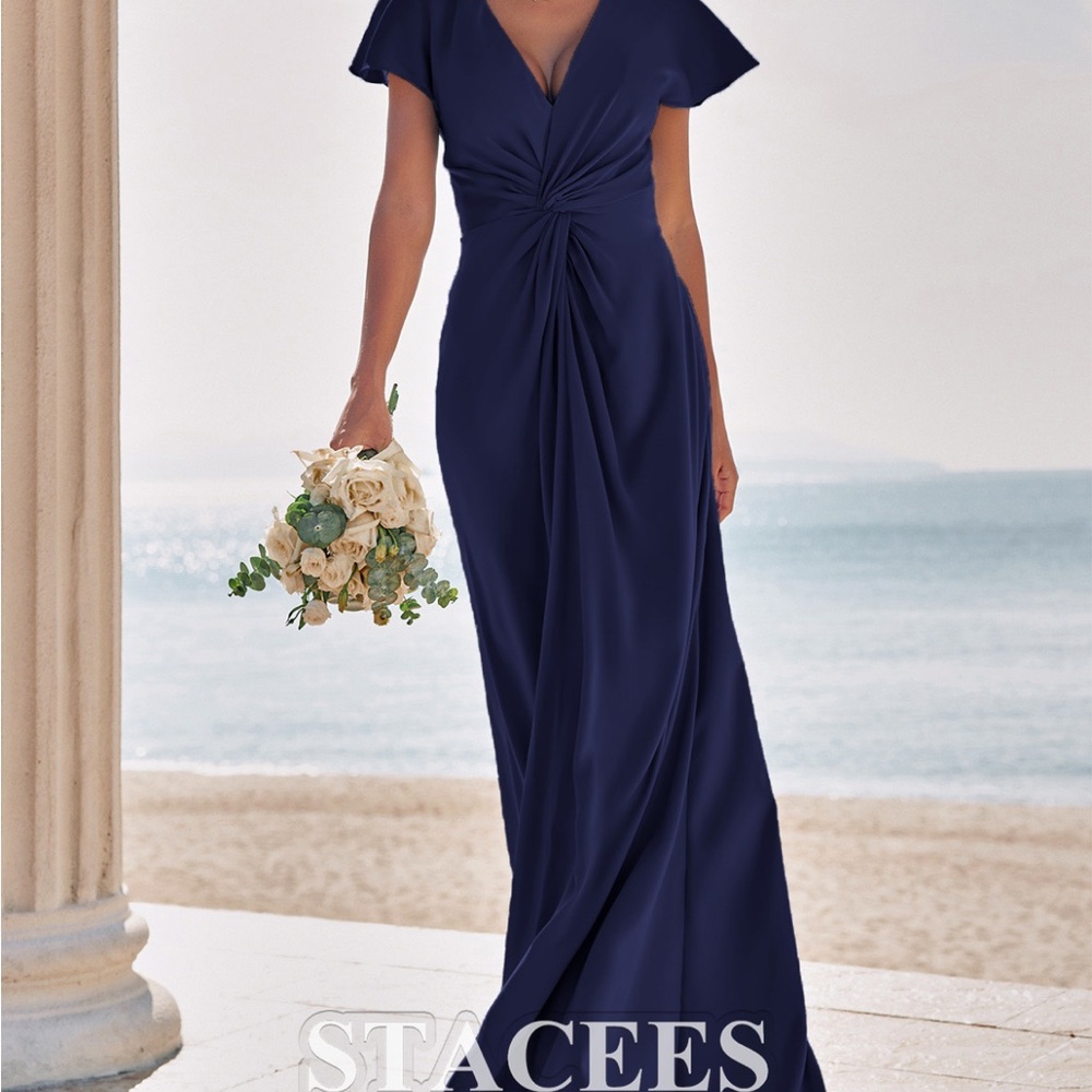 Stacee’s Sheath/Column V Neck Short Sleeve Floor-Length Stretch Satin Dress